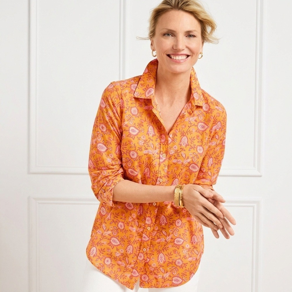Talbots S Climbing Jacobean Orange Cotton Gauze Button Front Shirt Lightweight
